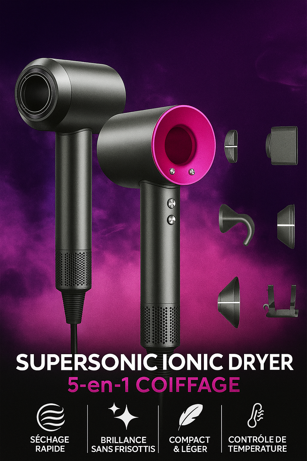 Sèche-Cheveux Professionnel Puissant – 5 en 1 Coiffage