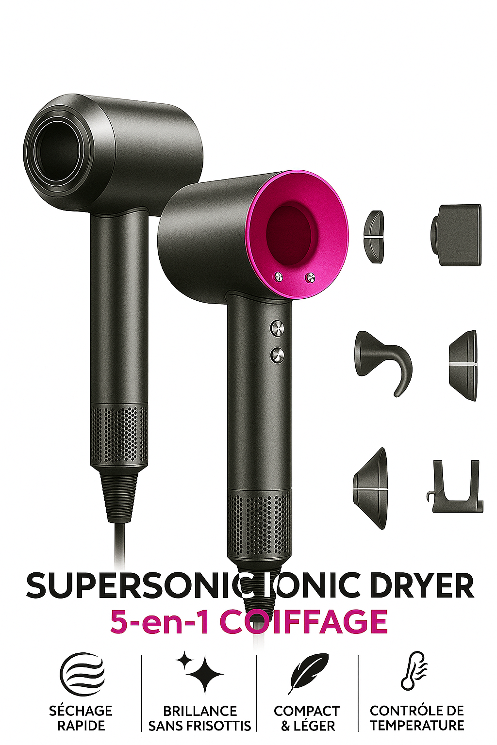 Sèche-Cheveux Professionnel Puissant – 5 en 1 Coiffage